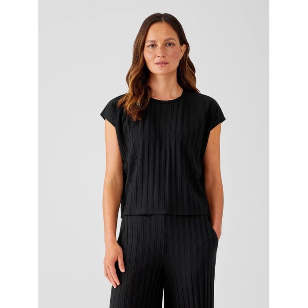 Eileen Fisher Black Ribbed Tencel Lyocell Cap Sleeve Top layering quiet luxury